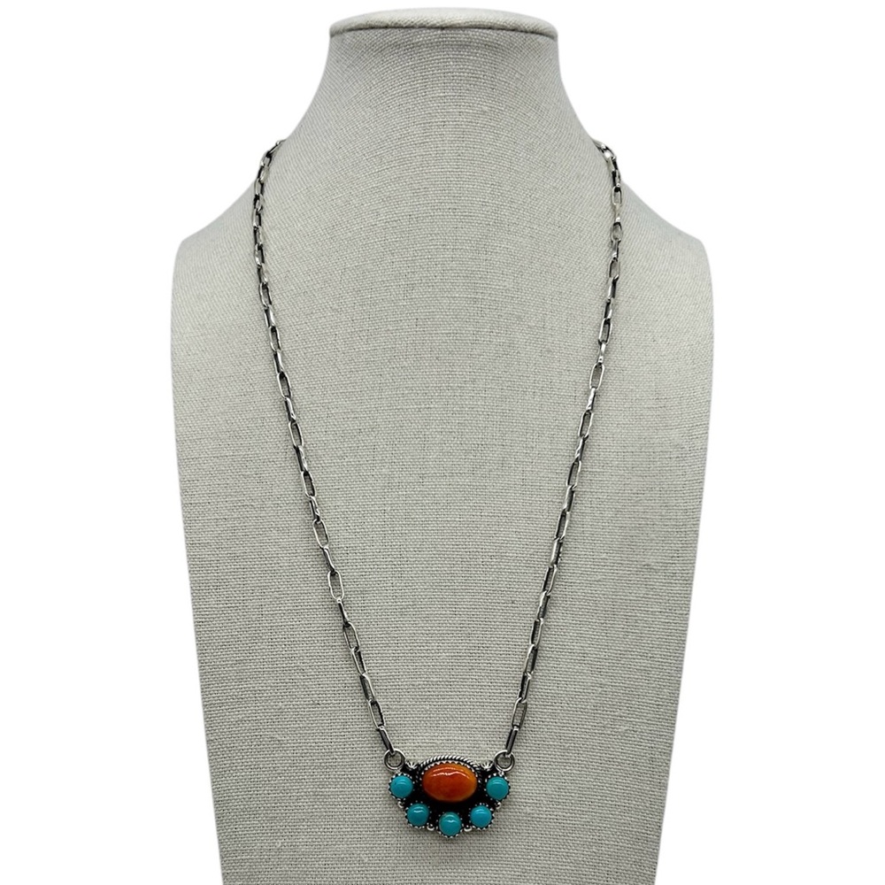 925 Sterling Silver Natural Kingman Turquoise & Orange Spiny Cluster Necklace